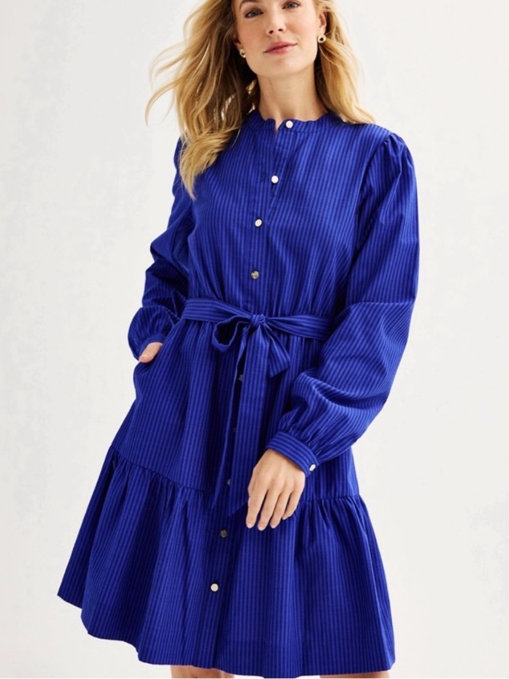 NWT Draper James RSVP Tiered Shirt Dress Blue Stripe Tie Long Sleeve Small Short